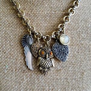 LUCKY BRAND WHIMSICAL 5 CHARM  NECKLACE OWL FEATHER HEART  GEMS  28 INCHES LONG